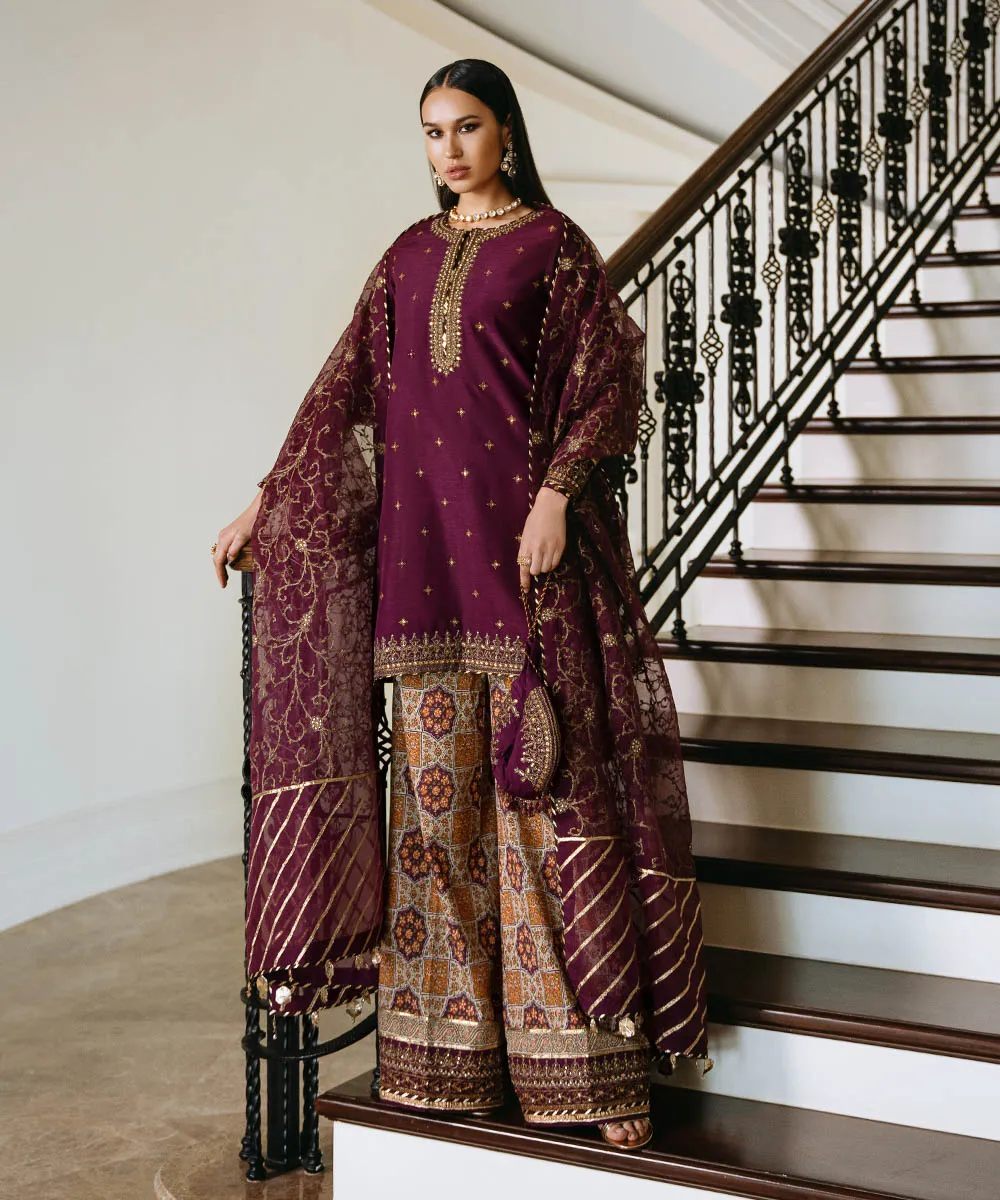 3 Piece -  Embroidered Raw Silk Suit