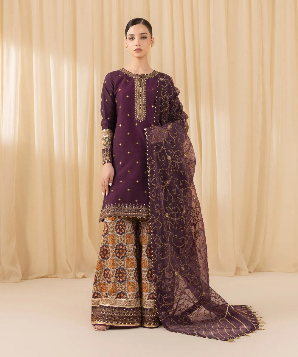 3 Piece -  Embroidered Raw Silk Suit