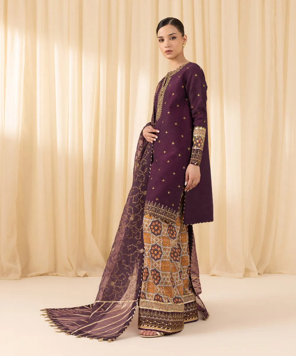 3 Piece -  Embroidered Raw Silk Suit