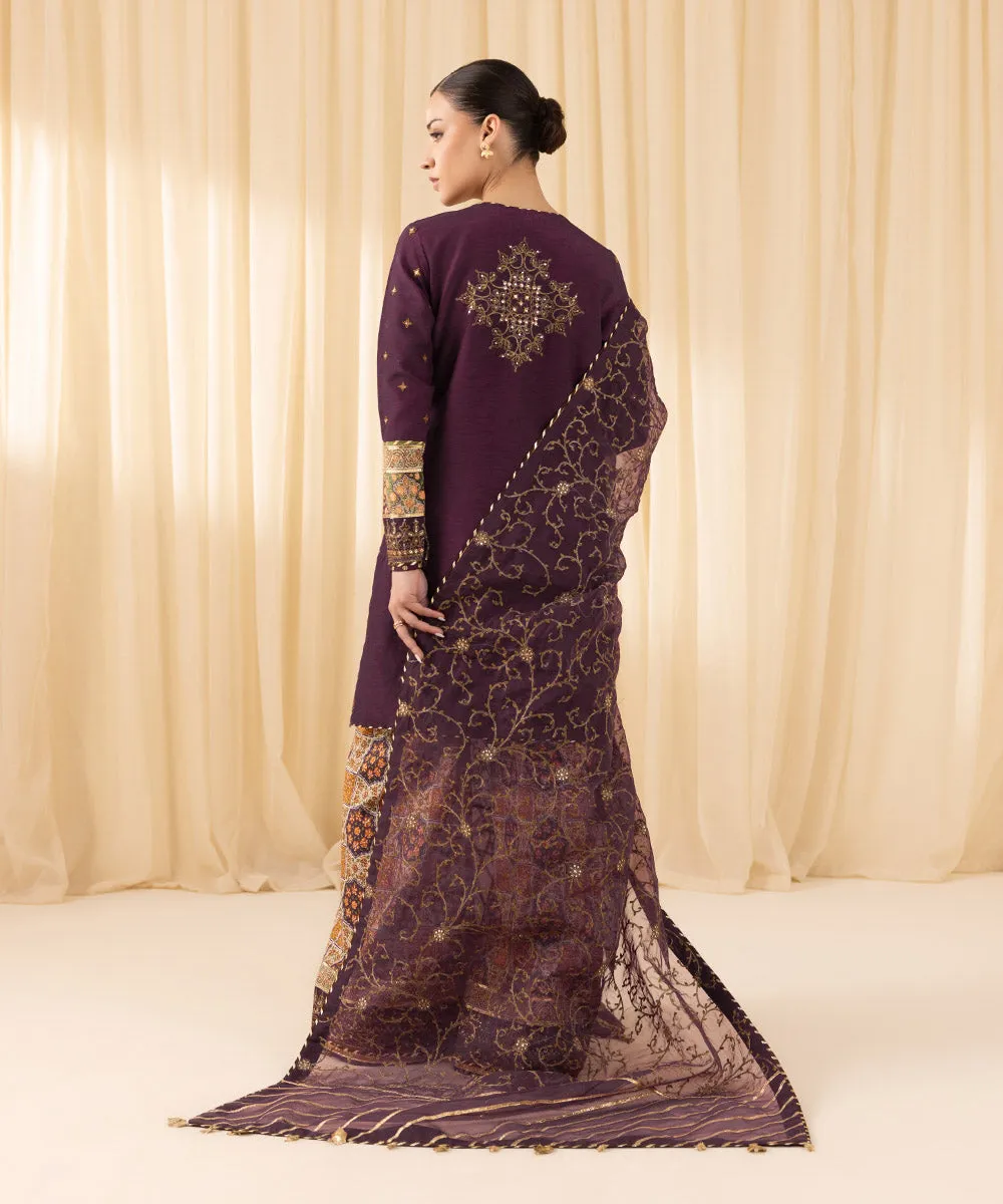 3 Piece -  Embroidered Raw Silk Suit