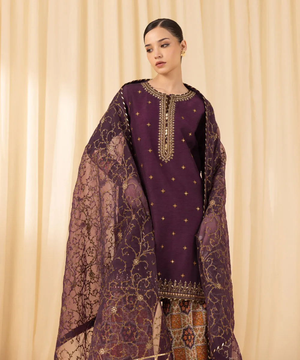 3 Piece -  Embroidered Raw Silk Suit