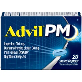 Advil PM Ibuprofen Sleep Aid Pain and Headache Reliever, 200 mg Coated Caplets, 20 Count