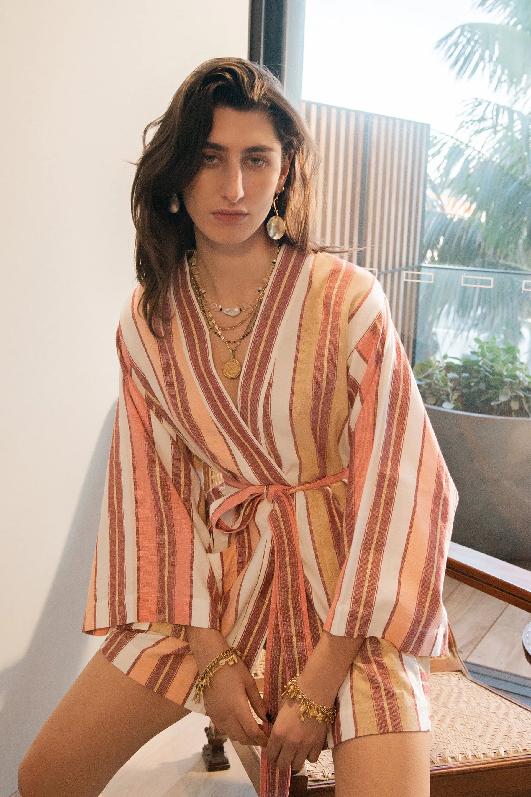 Ariane Coral Fez Stripe Kimono Robe