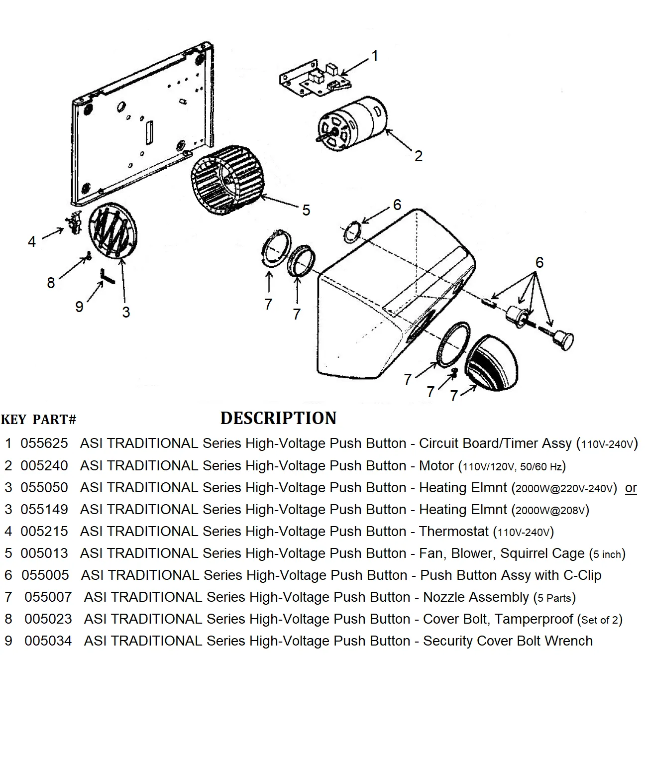 ASI TRADITIONAL Series Push-Button Model (208V-240V) THERMOSTAT (Part# 005215)