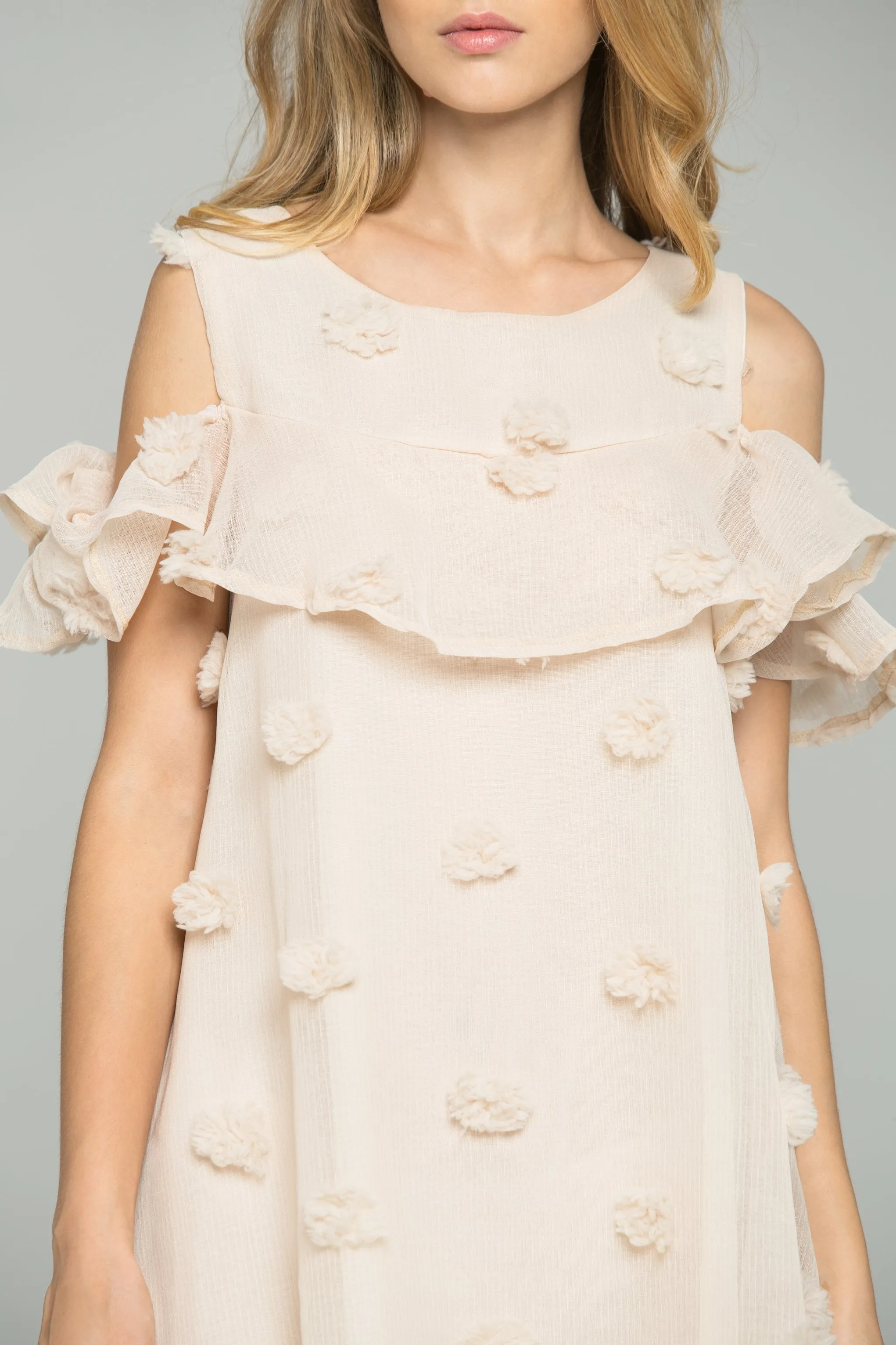 Beige Silk Sheer Pom Pom Detail Ruffled Sleeveless Top