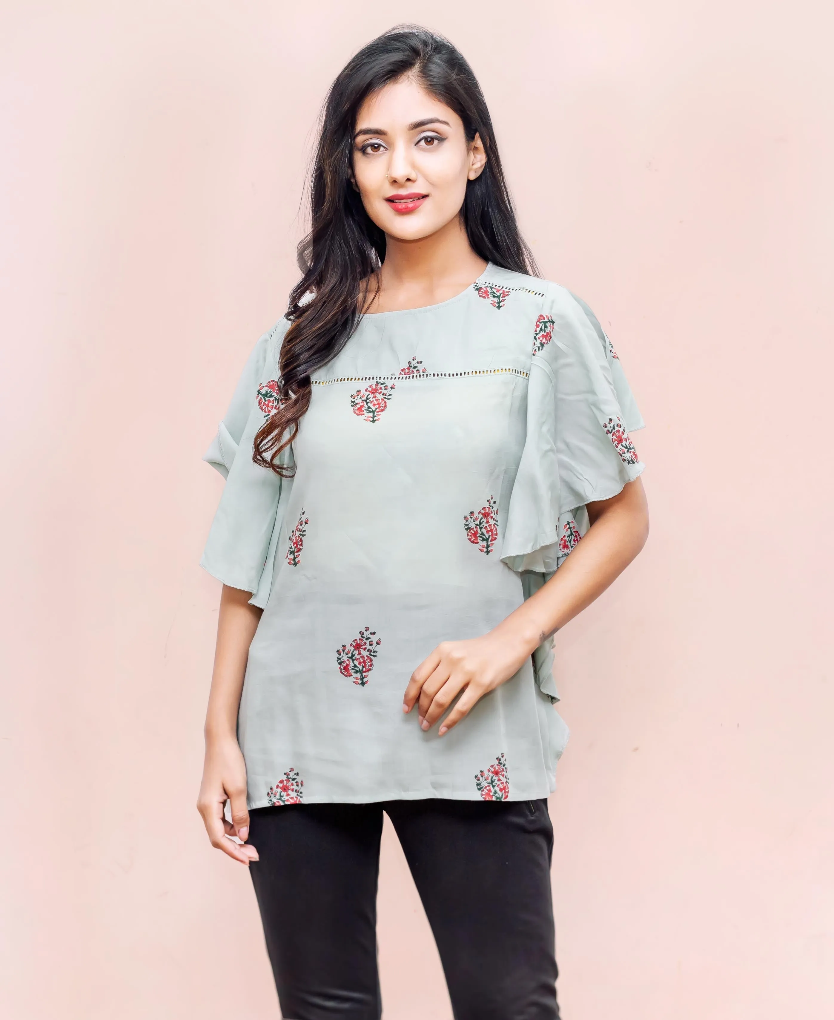 Bell Sleeves Rayon Hand Block Printed Top