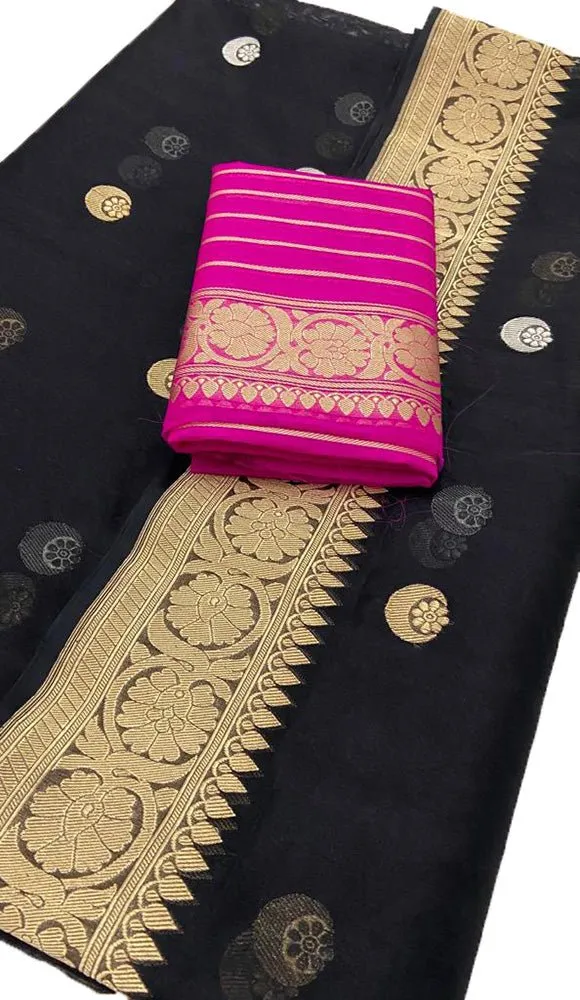 Black Handloom Banarasi Pure Kora Organza Silk Chand Boota Sona Roopa Saree