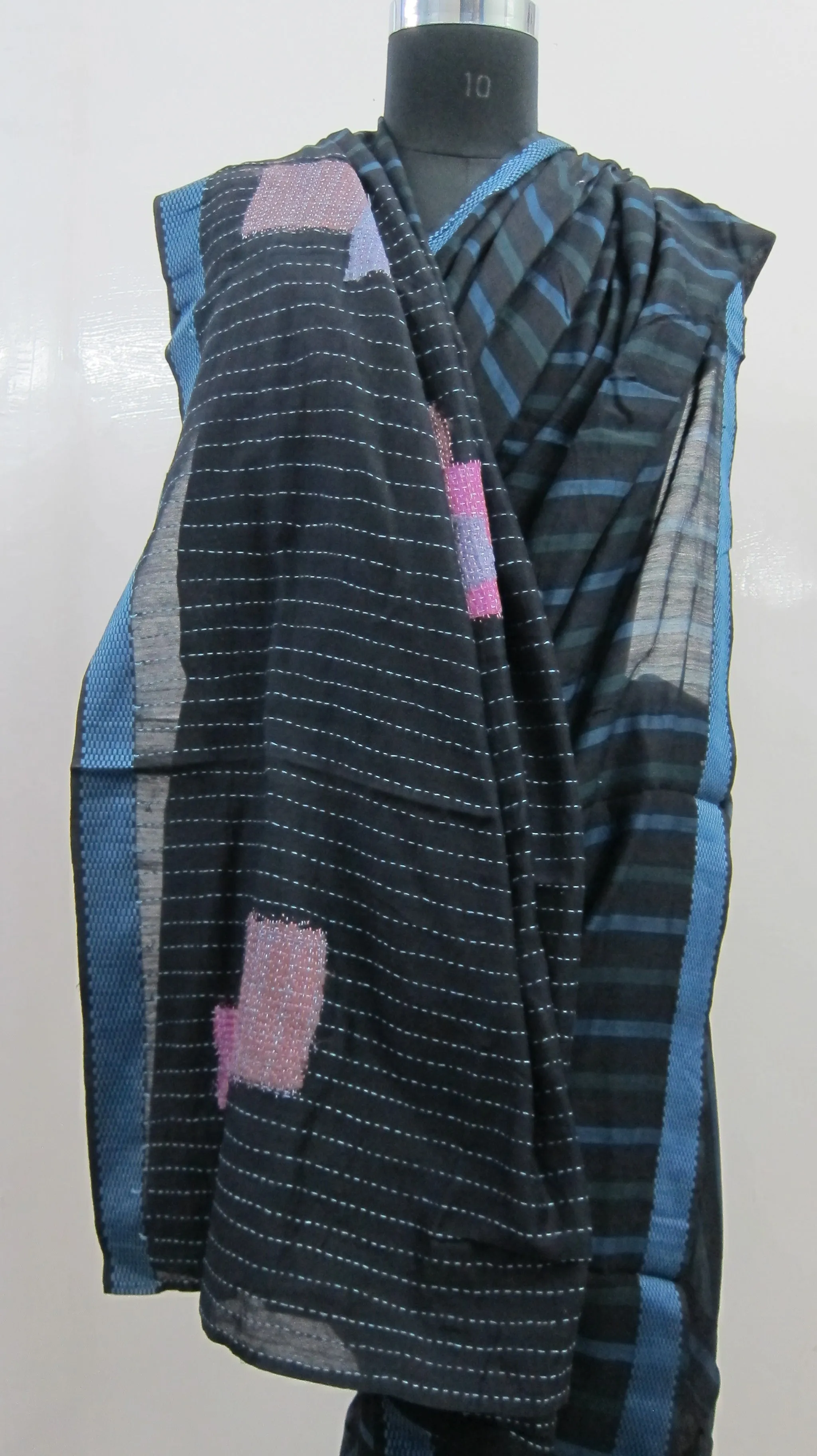 Blue Teal Stripe Boro Saree