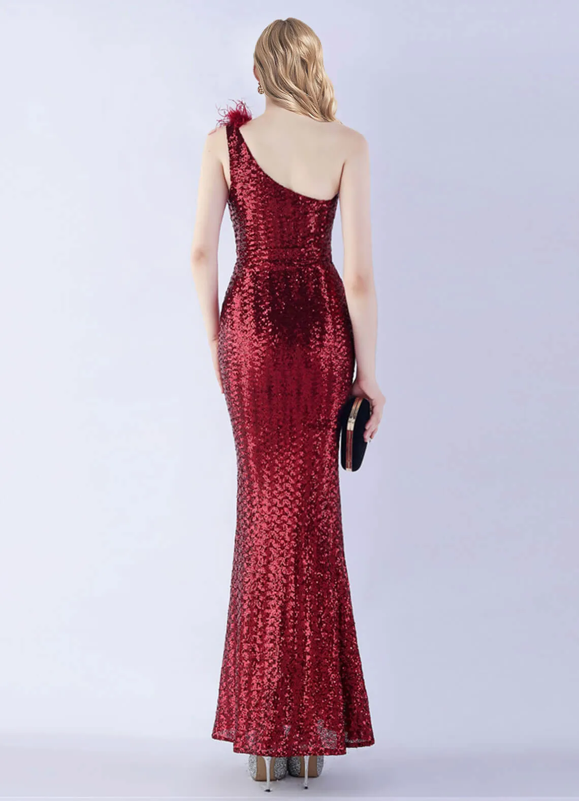 Burgundy Luxury One Shoulder Feather Sequin Mermaid Formal Gown