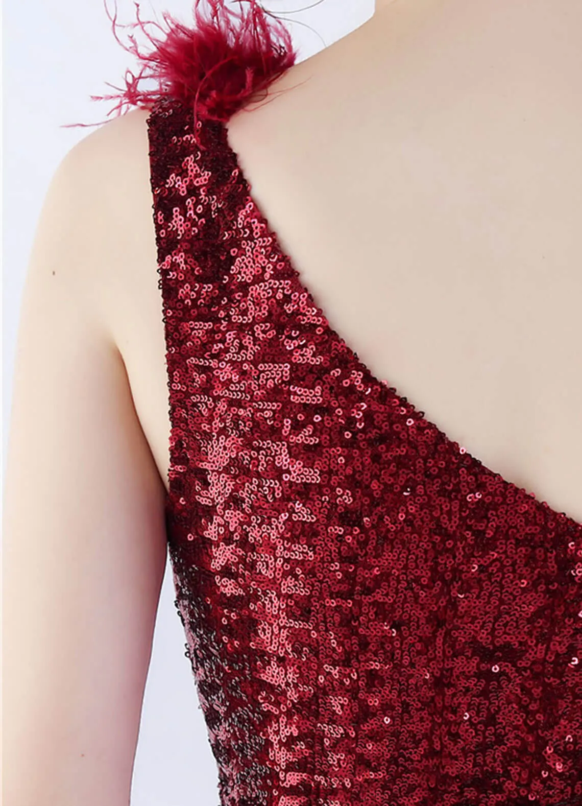 Burgundy Luxury One Shoulder Feather Sequin Mermaid Formal Gown