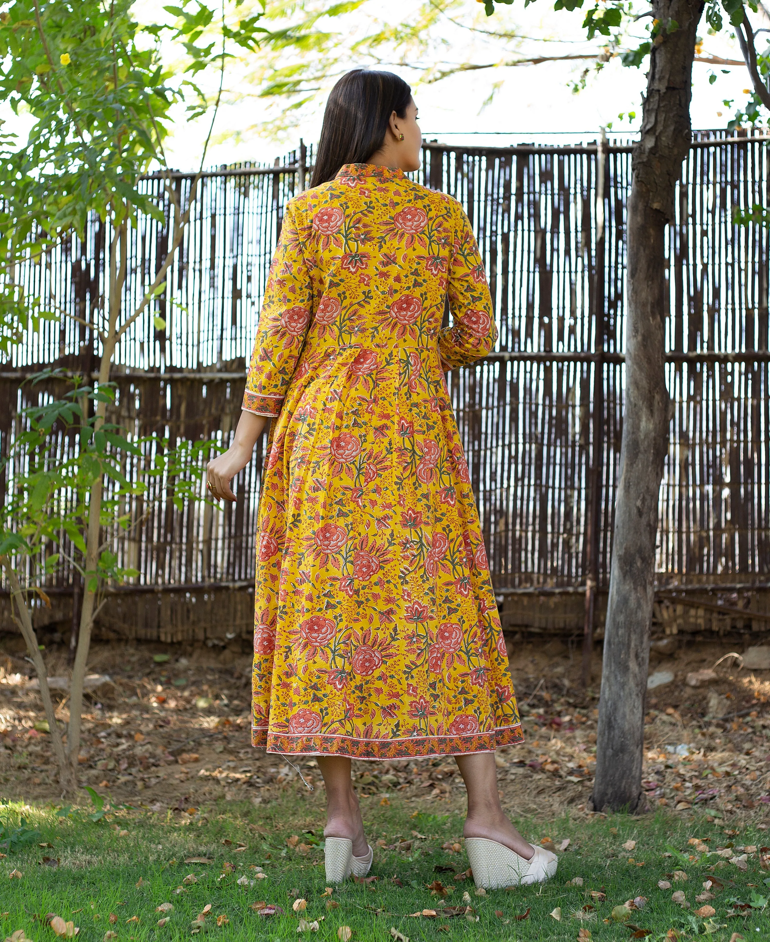 Canary Yellow and Pink Hand Block Printed Kurta