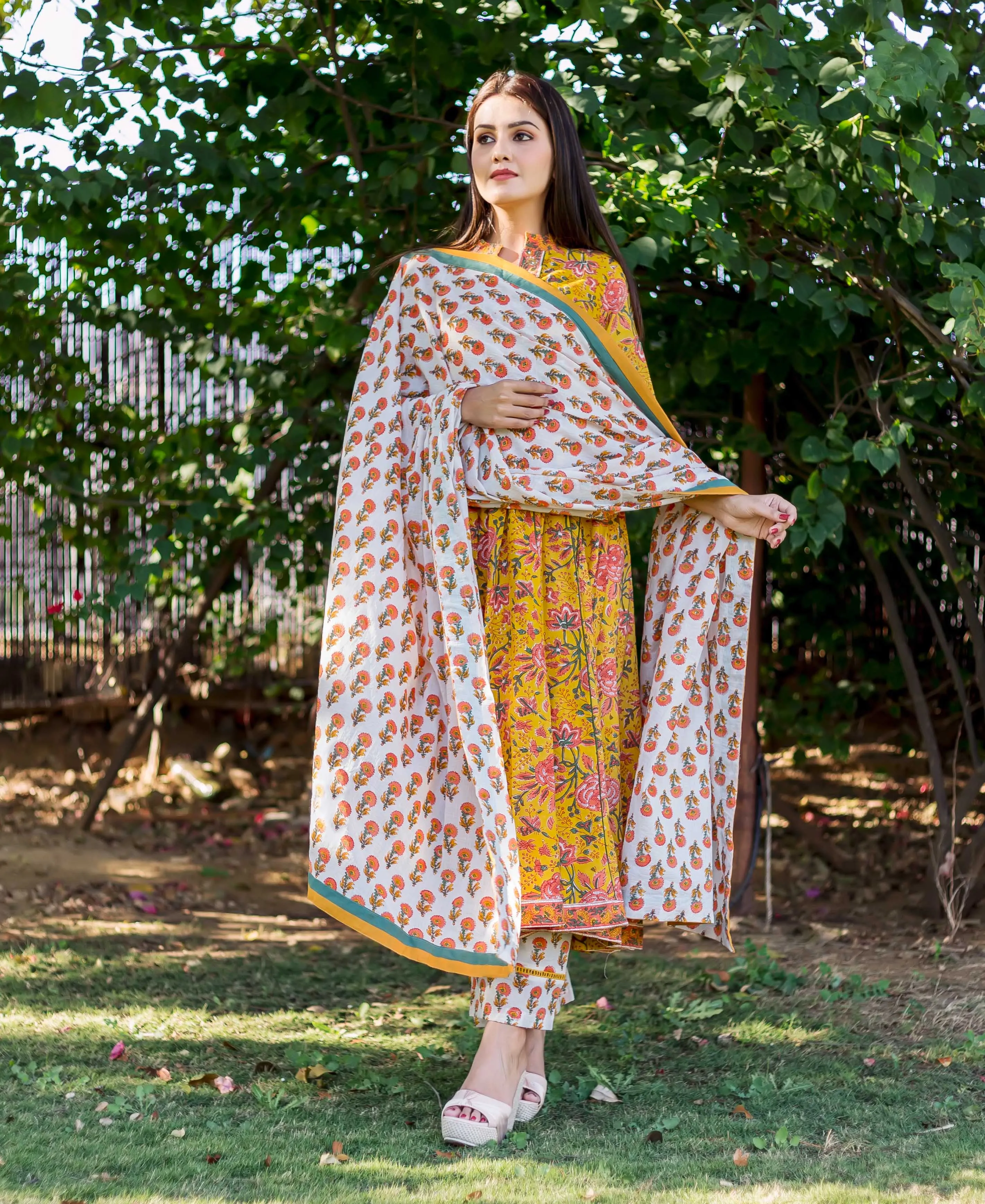 Canary Yellow and Pink Hand Block Printed Kurta