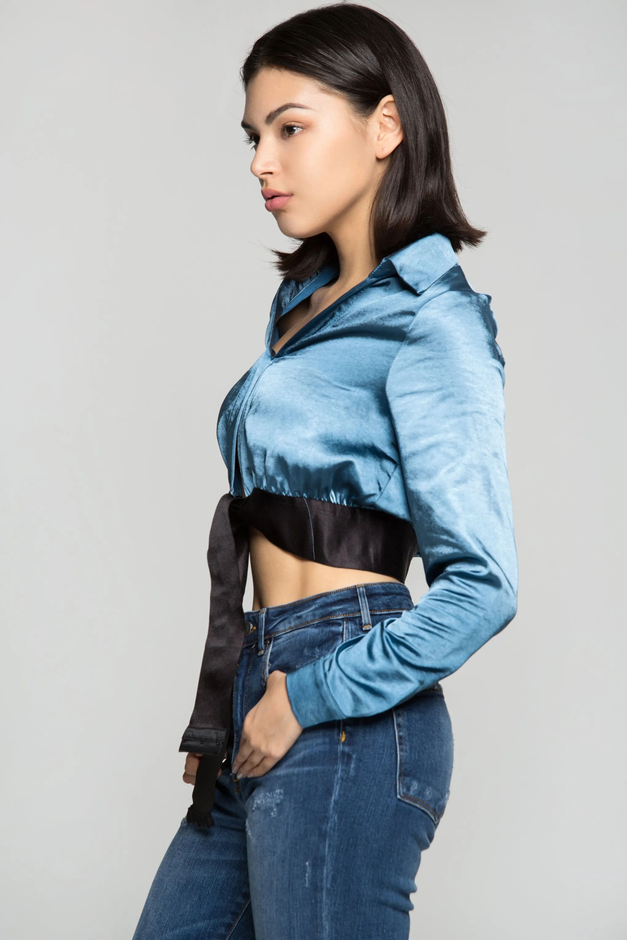 Carolina Blue Silk Crop Shirt