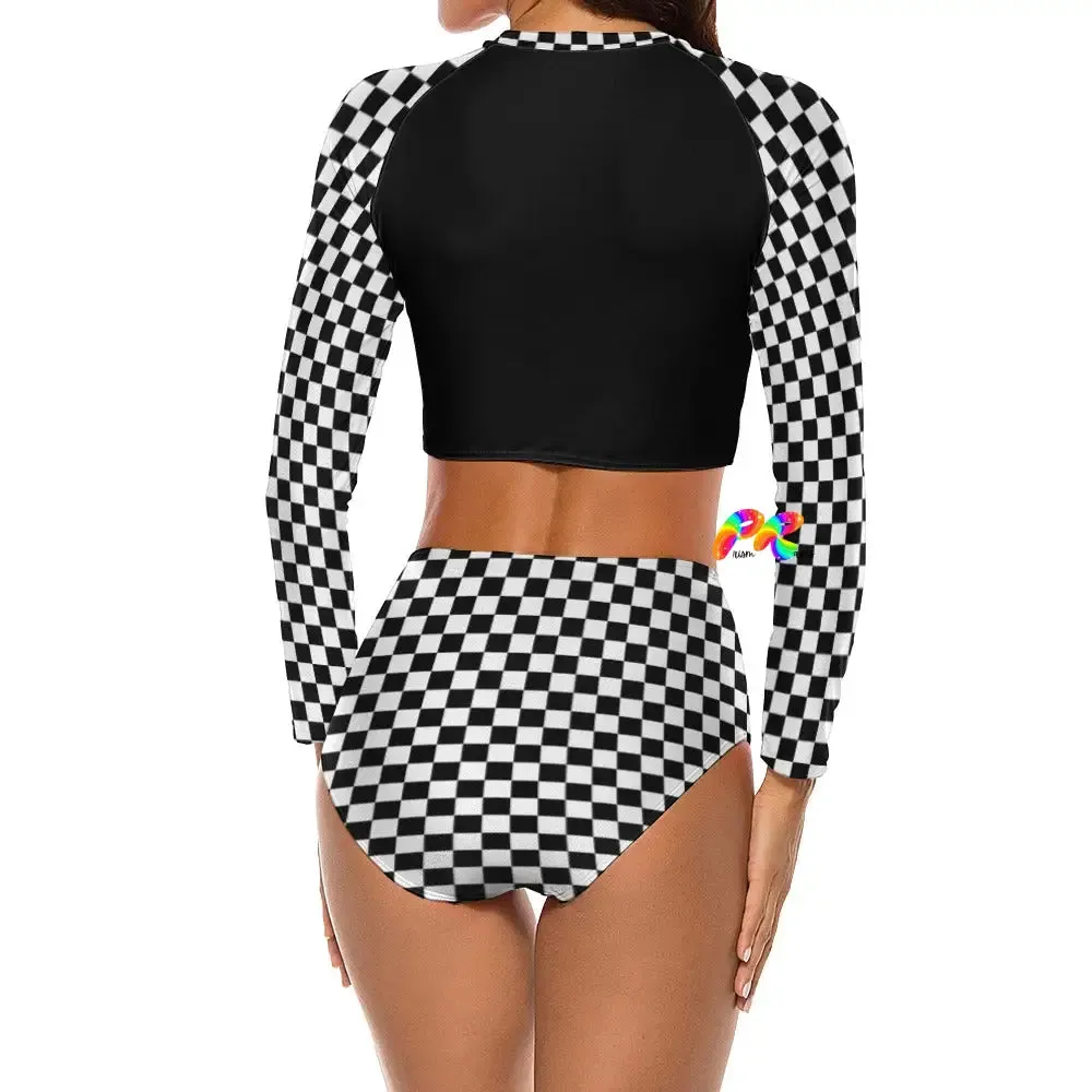 Checkered Long Sleeve High Waist Bikini