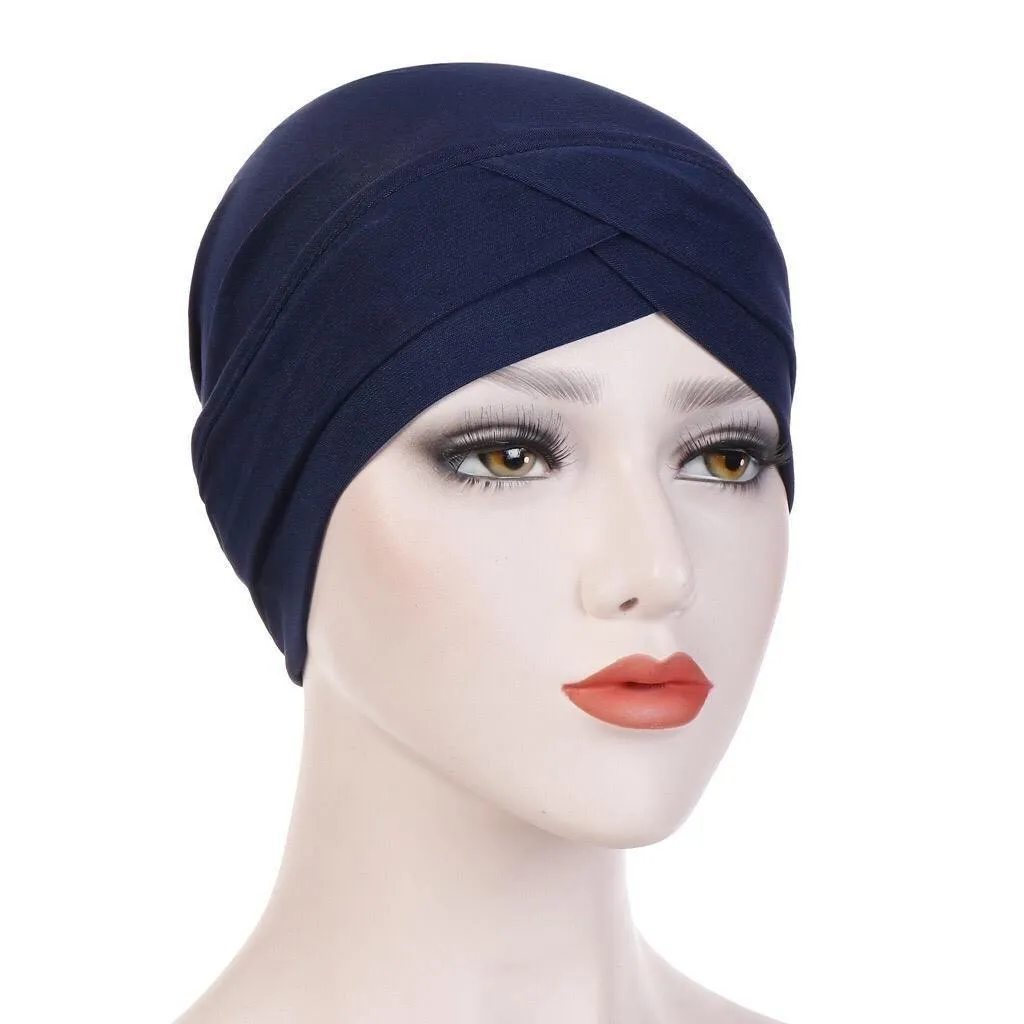 Criss Cross Closed Turban Hijab Cap - Navy