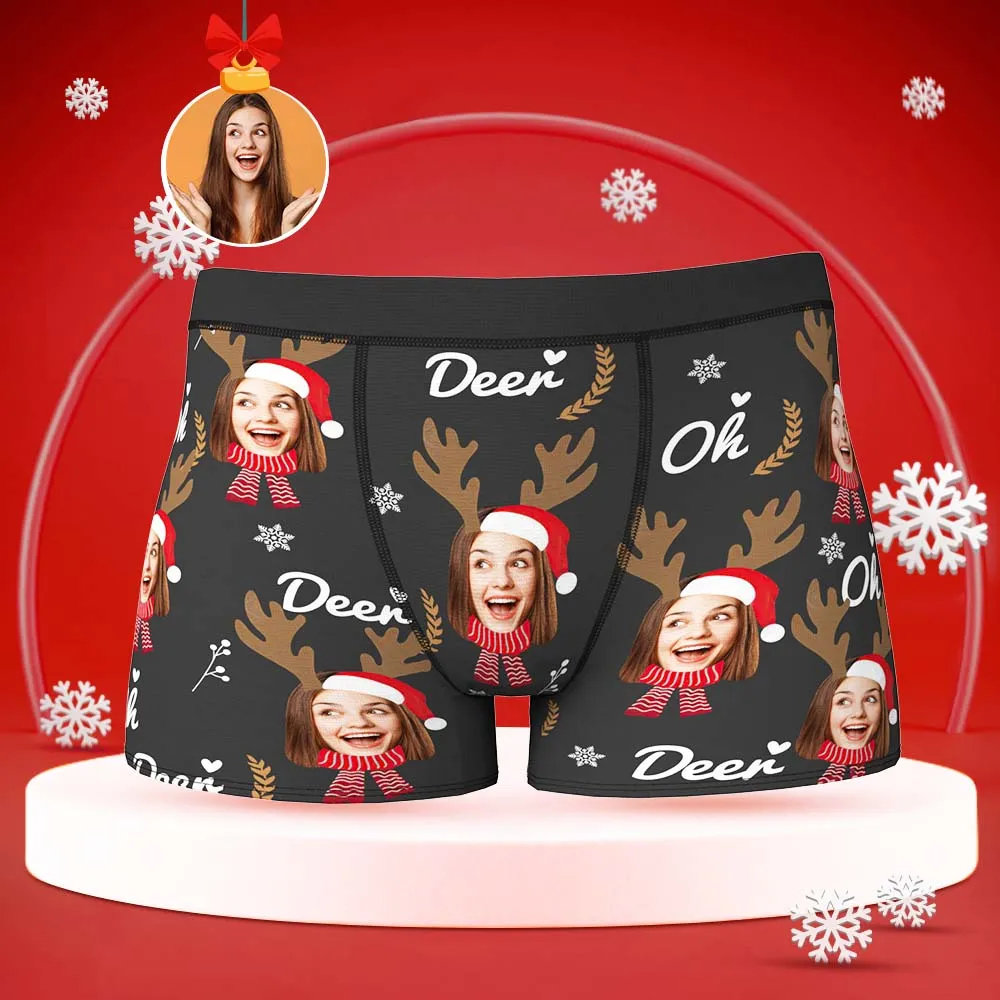 Custom Face Boxers Briefs Personalised Men's Shorts With Photo Christmas Reindeer