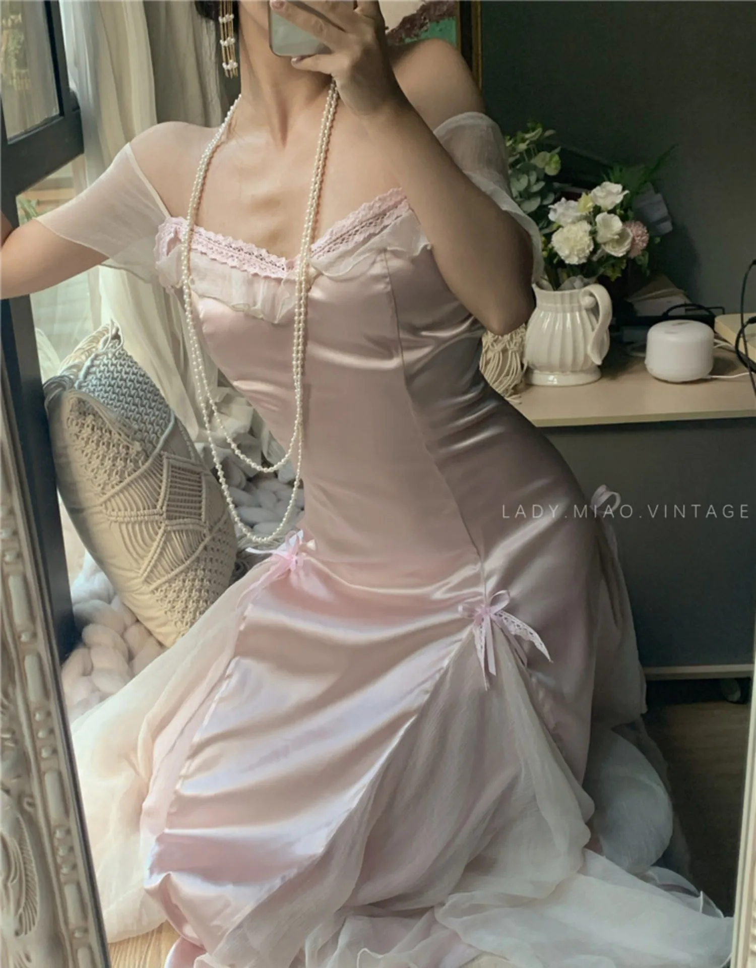 Dreamy Coquette Bow-Stitched Satin Dress