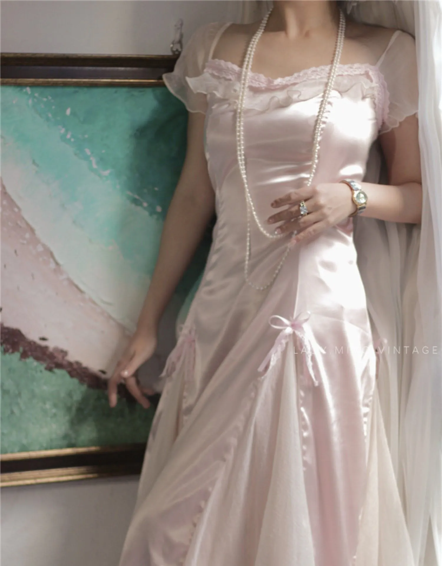 Dreamy Coquette Bow-Stitched Satin Dress