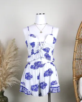 Final Sale - Festival Shop - Boho Print Two Piece Set - White/Blue