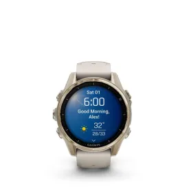 Garmin Fenix 8, 43mm, AMOLED, Sapphire, Soft Gold Stainless Steel and Fog Gray with Fog Gray and Dark Sand Band