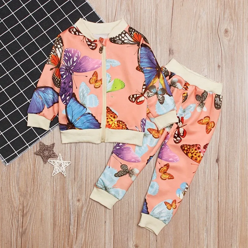 Girls Butterfly Zipped Top And Pants 2 Pcs Set