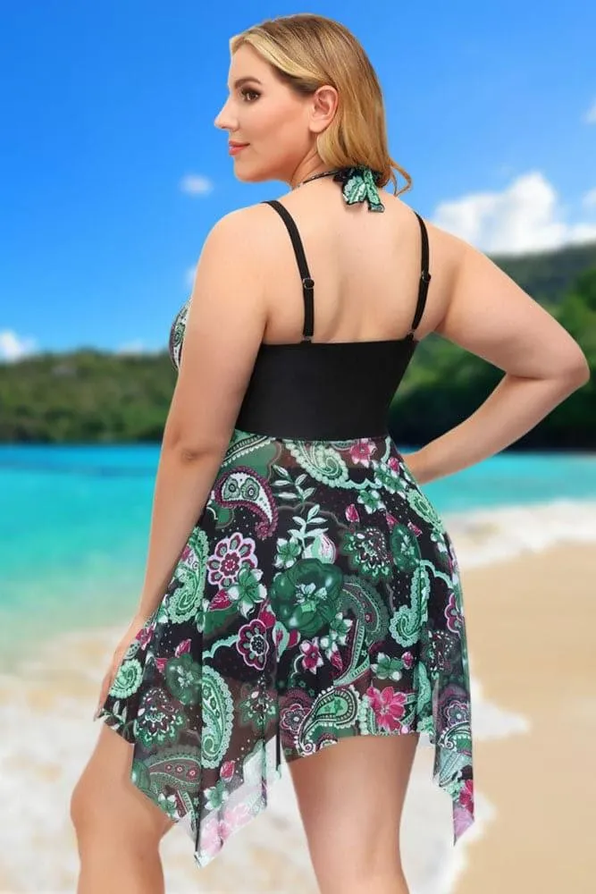 Green Floral Separated See-Through Mesh Swimdress