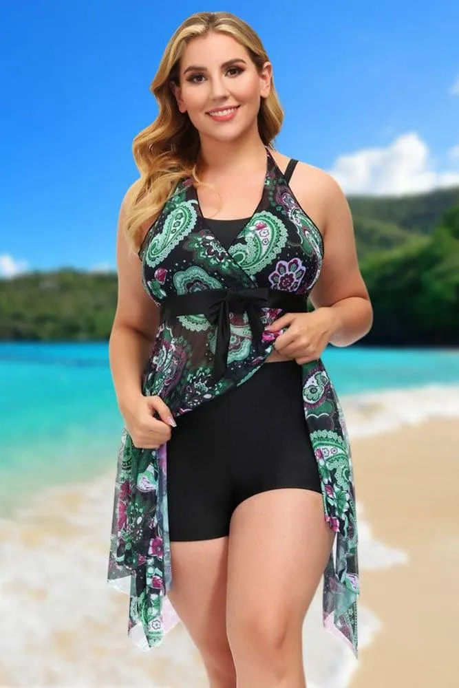 Green Floral Separated See-Through Mesh Swimdress