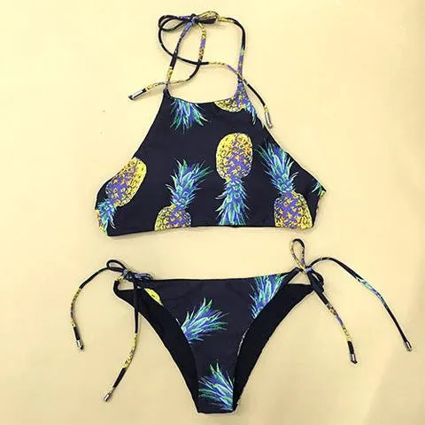 Halter Pineapple Pattern Bikini Set