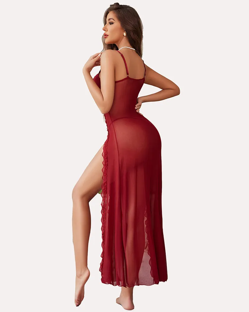 Lace Mesh V Neck Side Split Nightgowns