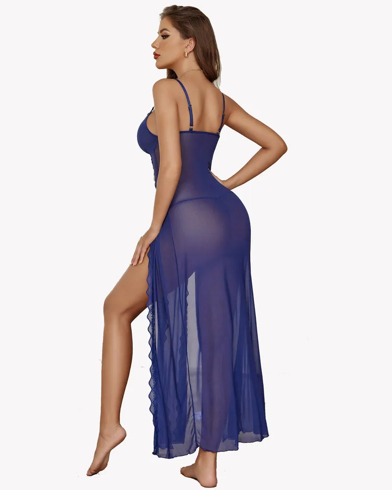 Lace Mesh V Neck Side Split Nightgowns