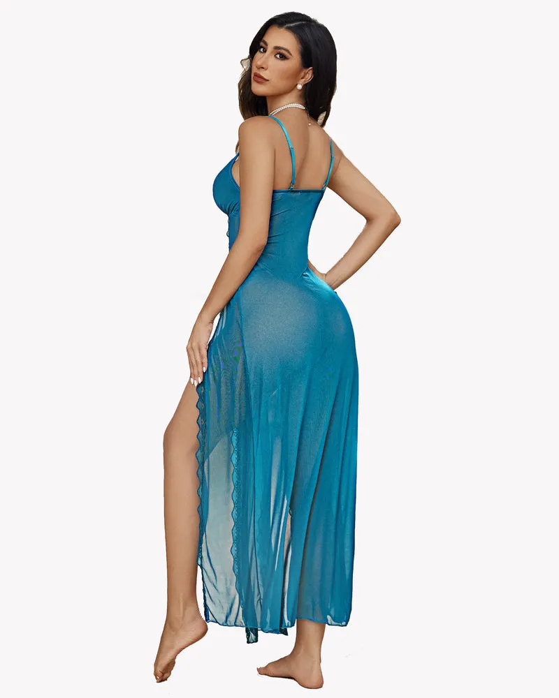 Lace Mesh V Neck Side Split Nightgowns