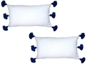 Moroccan PomPom Lumbar Pillow - Set of two Covers - White with Blue Pom Poms