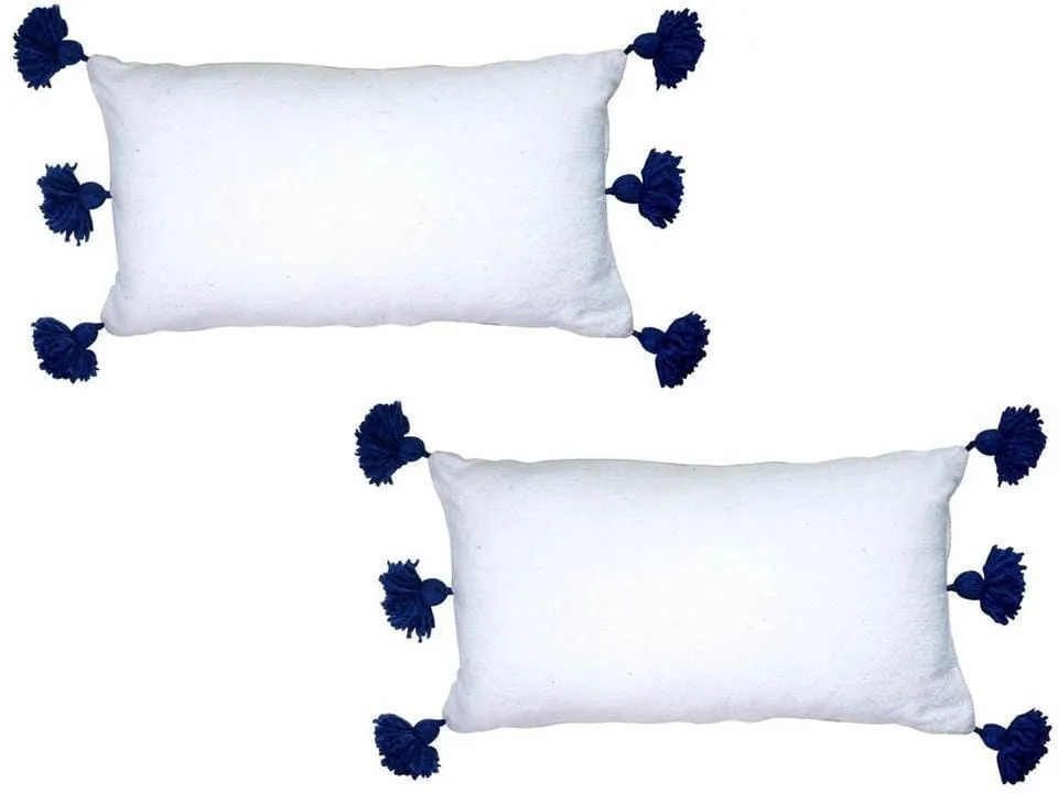 Moroccan PomPom Lumbar Pillow - Set of two Covers - White with Blue Pom Poms