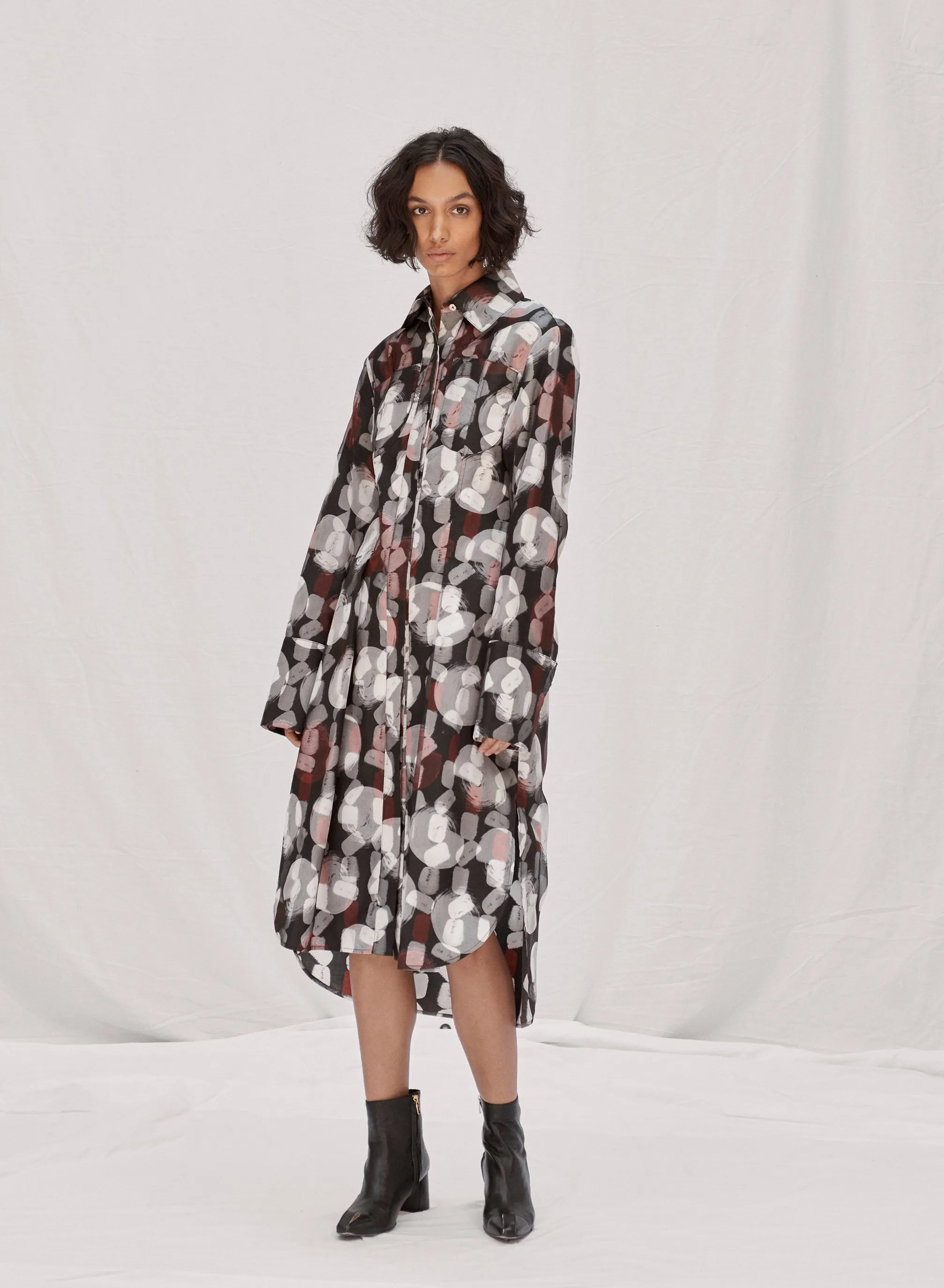 Pintuck Layered Print Shirt Dress