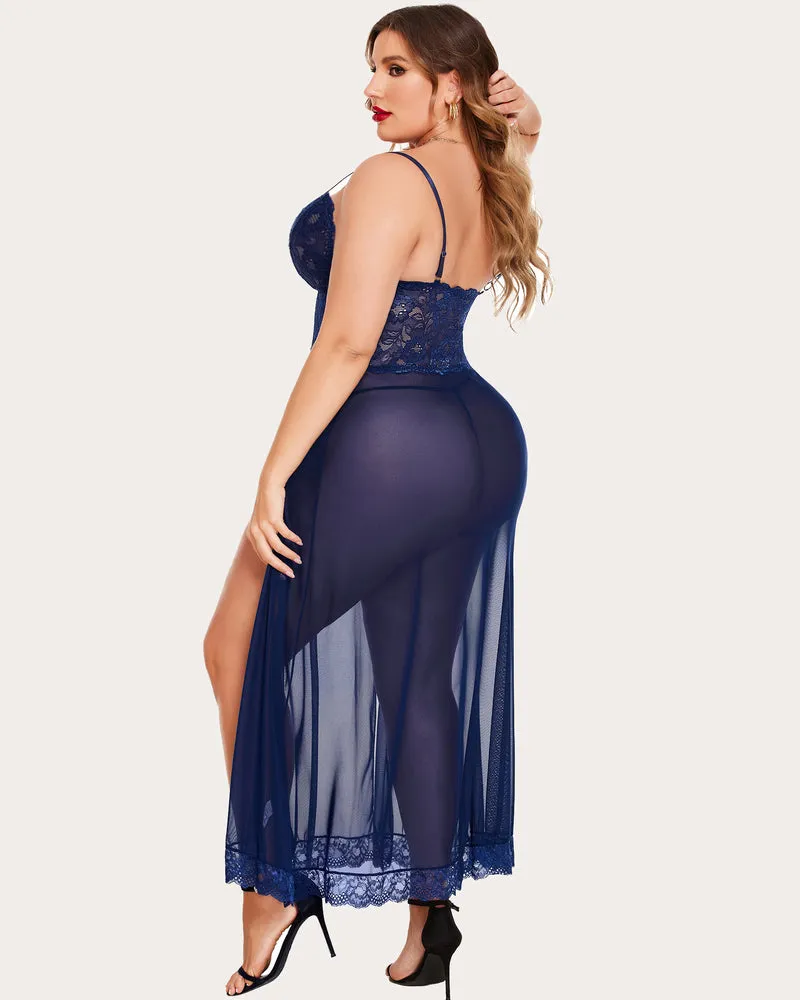 Plus Size Floral Side Slits Mesh Nightdress