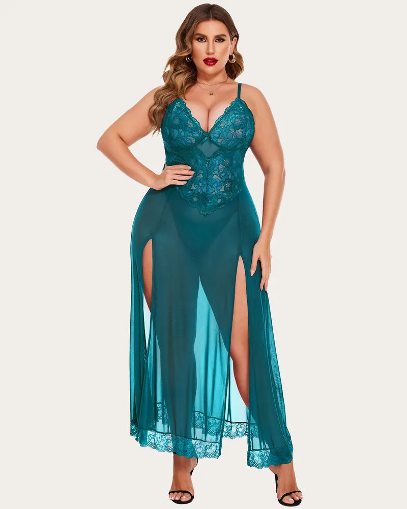 Plus Size Floral Side Slits Mesh Nightdress