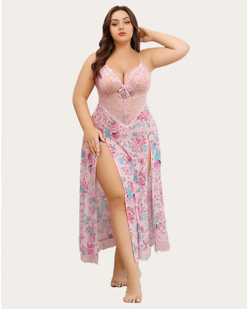 Plus Size Floral Side Slits Mesh Nightdress