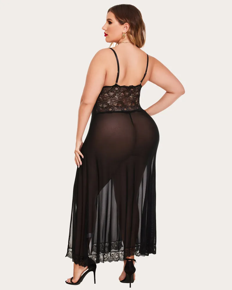 Plus Size Floral Side Slits Mesh Nightdress