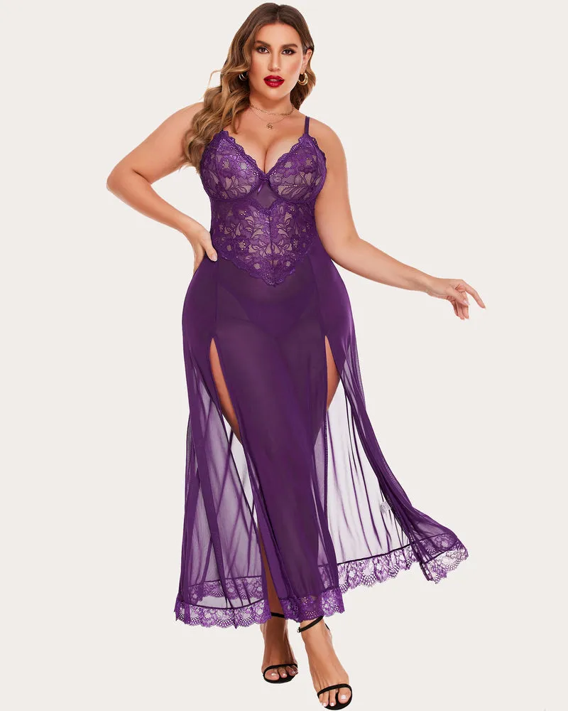 Plus Size Floral Side Slits Mesh Nightdress