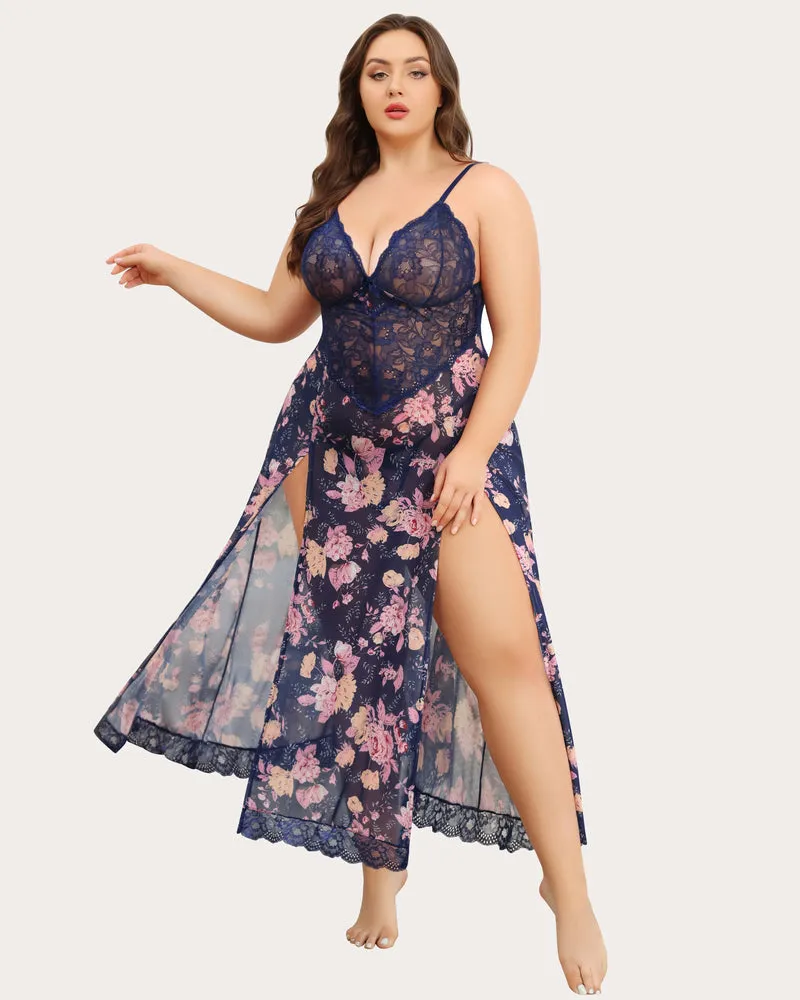 Plus Size Floral Side Slits Mesh Nightdress