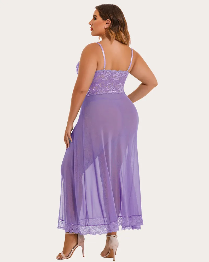 Plus Size Floral Side Slits Mesh Nightdress