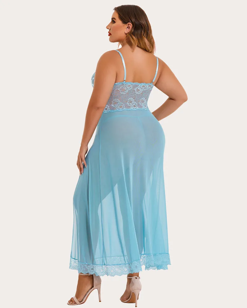 Plus Size Floral Side Slits Mesh Nightdress