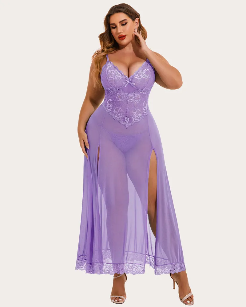 Plus Size Floral Side Slits Mesh Nightdress