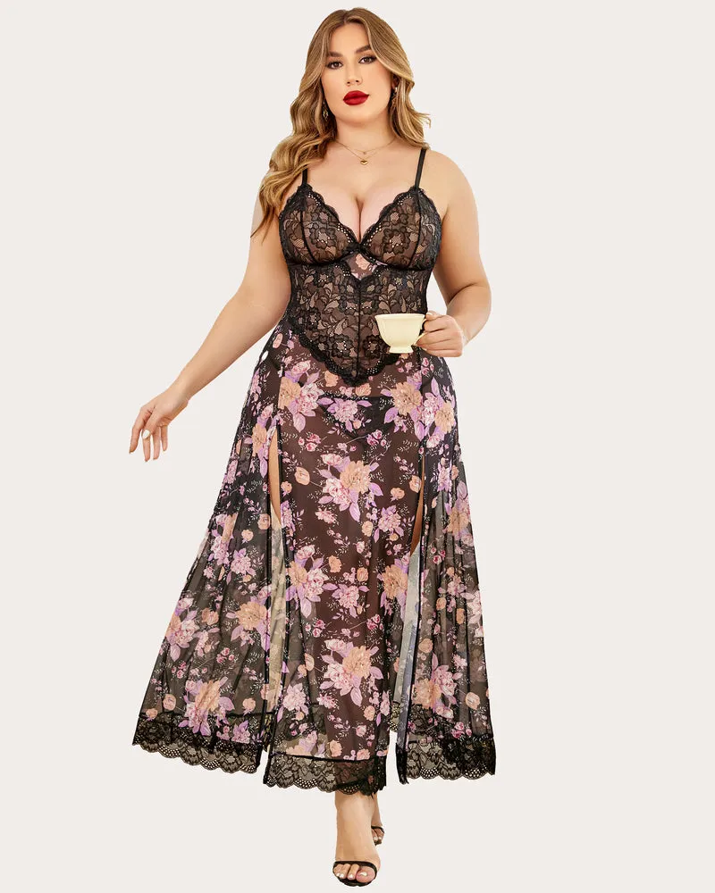 Plus Size Floral Side Slits Mesh Nightdress