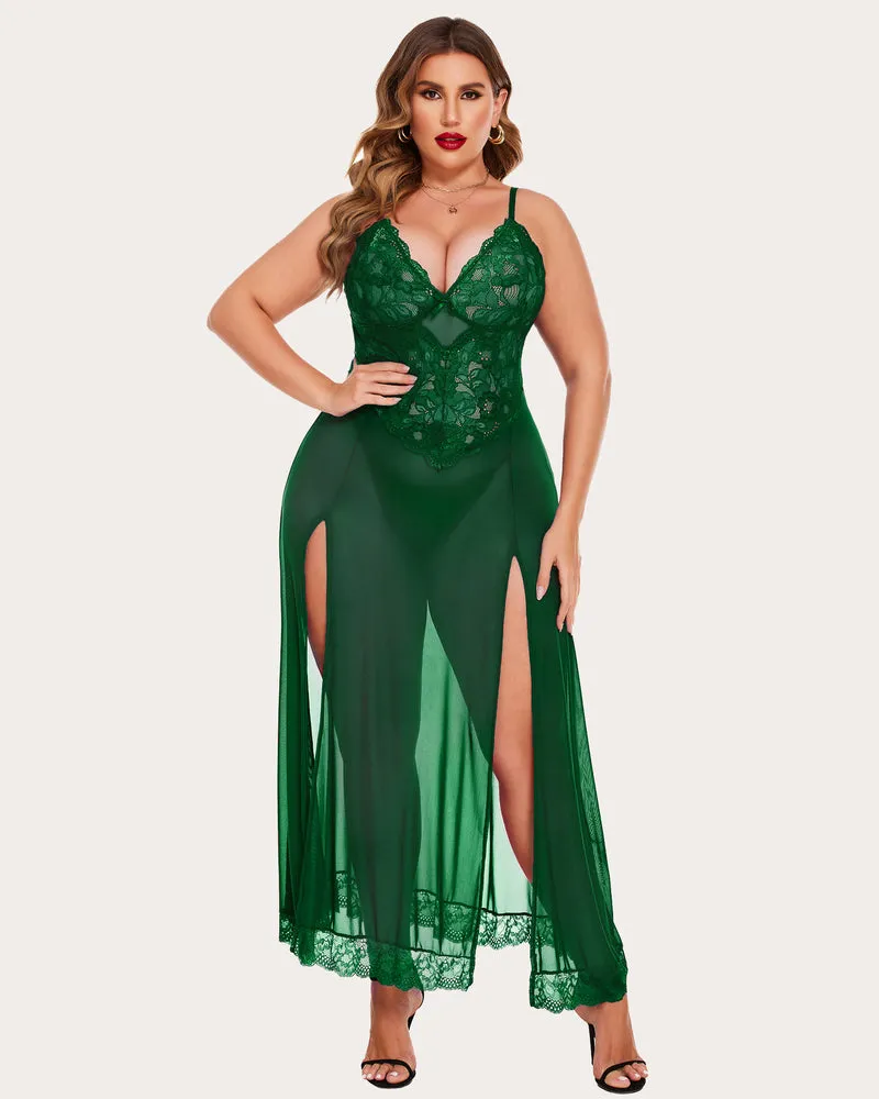 Plus Size Floral Side Slits Mesh Nightdress