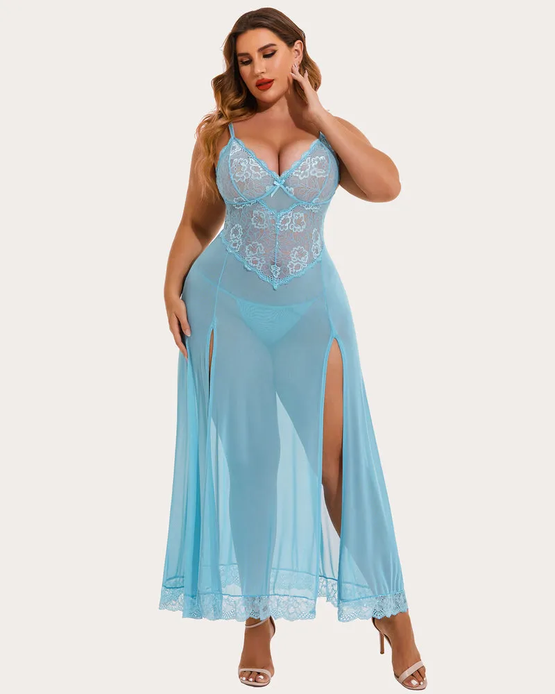 Plus Size Floral Side Slits Mesh Nightdress