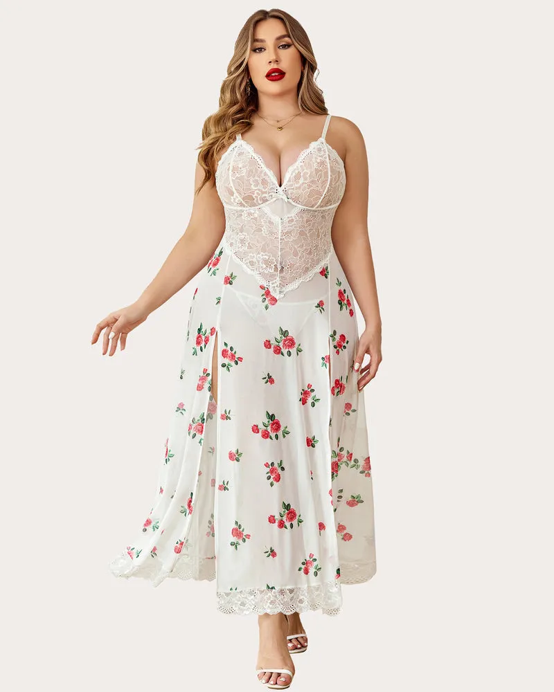 Plus Size Floral Side Slits Mesh Nightdress