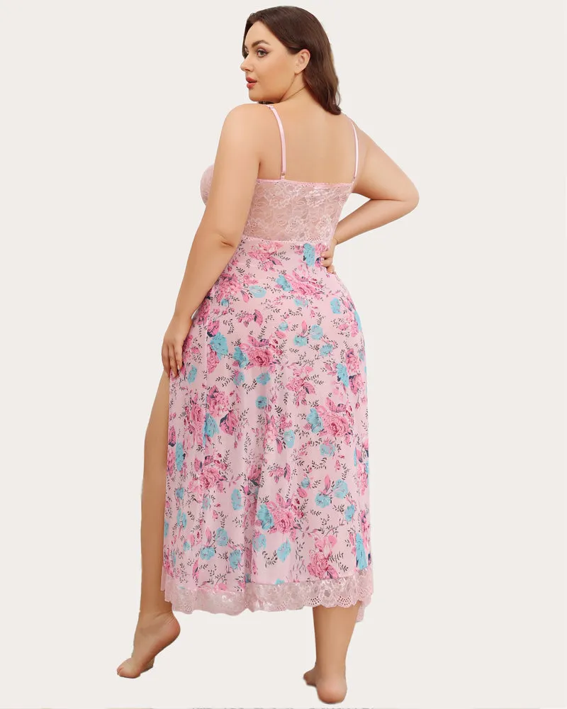 Plus Size Floral Side Slits Mesh Nightdress