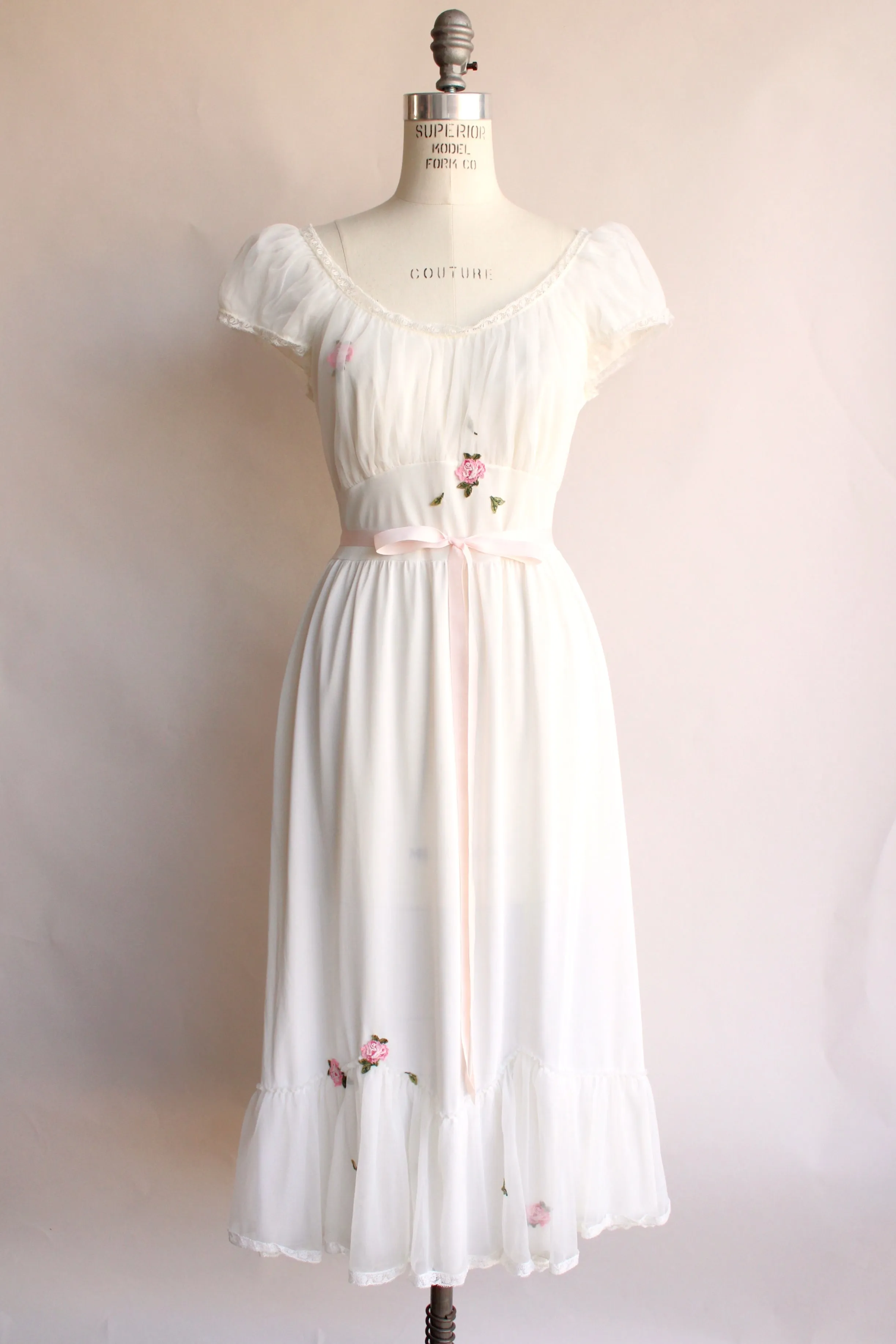 Vintage 1950s Laros White Nightgown with Pink Flowers