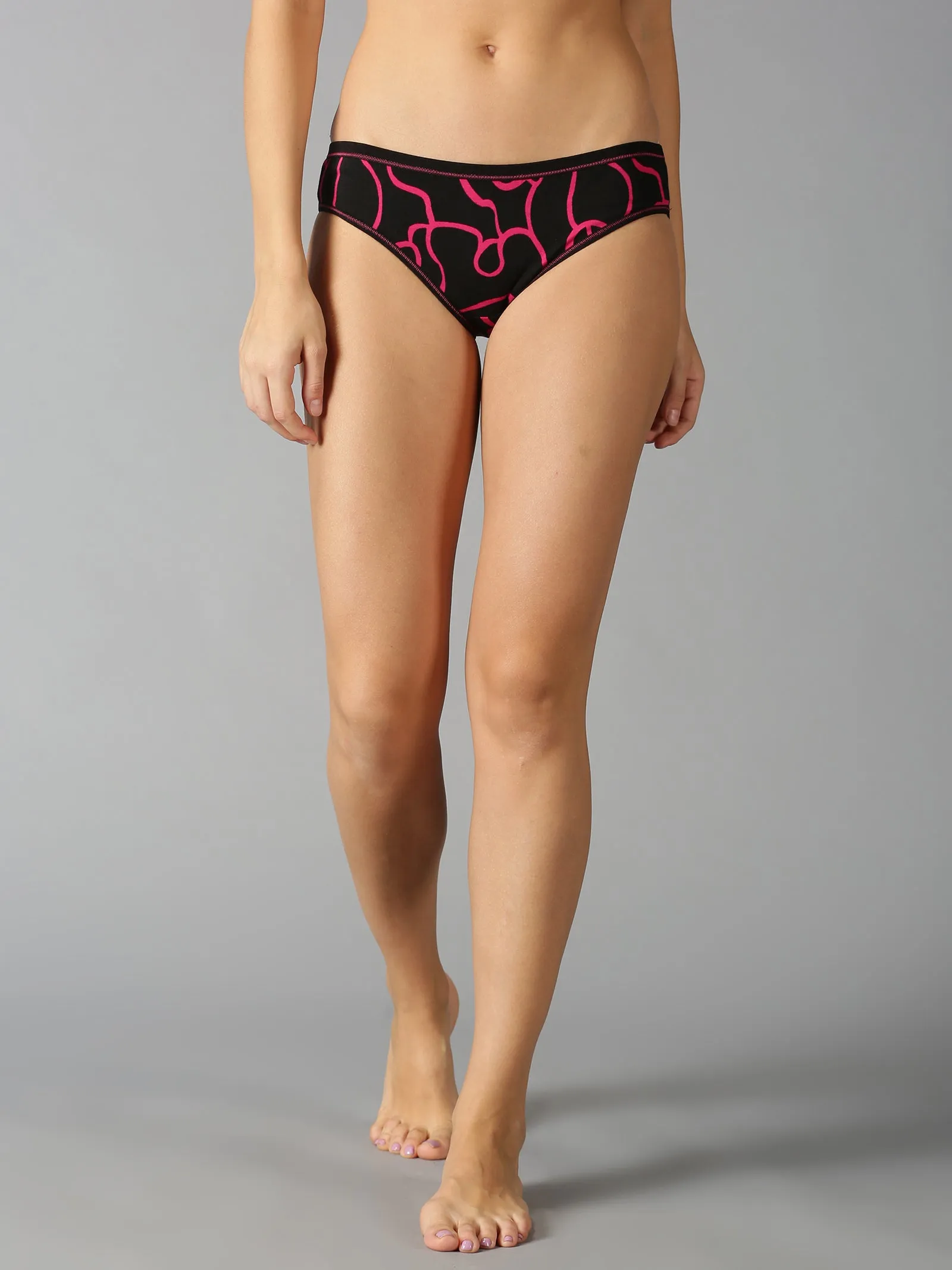 women Black & Pink Cotton Printed Line Panties